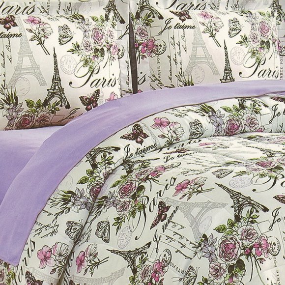Paris Comforter Set Floral with Paris City Scenes 8 Piece Comforter Set Queen - Picture 2 of 3